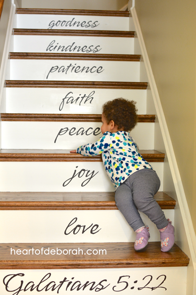 Fruit of the Spirit steps! I love these vinyl words depicting Galatians 5:22.